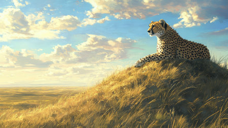 A cheetah resting atop a grassy mound, gazing out over the vast savanna with its signature spots glowing in the sun.の素材