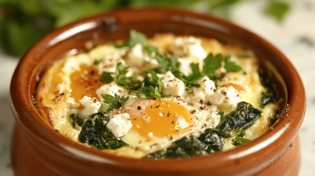 A close-up of a baked egg dish with spinach and feta cheese, served in a small ramekin and garnished with fresh herbs.の素材
