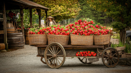 A charming vintage cart filled with baskets of fresh strawberries at a local farmer's market, inviting customers to enjoy the harvest.の素材