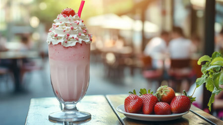 A cheerful outdoor caf scene featuring a strawberry milkshake topped with whipped cream, served with fresh strawberries on the side.の素材