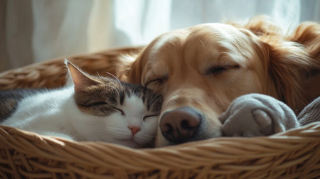 A close-up of a dog and cat napping together in a basket, showcasing their bond and the comfort of companionship.の素材
