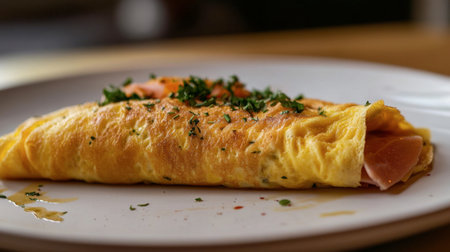 A close-up of a classic French omelette, perfectly folded and filled with fresh herbs, cheese, and ham, showcasing culinary skills.の素材