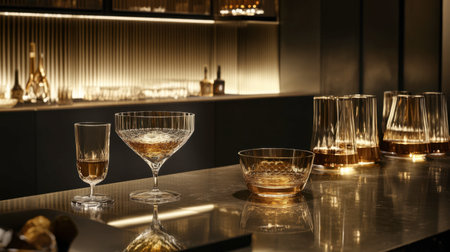 A chic bar setup with glasses that have reflective, multi-layered surfaces, offering a striking visual display.の素材