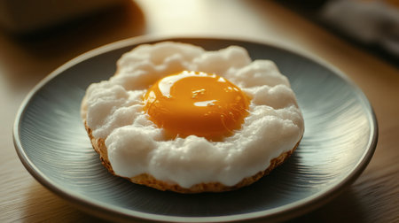 A close-up of a fluffy cloud egg, baked to perfection with a golden yolk in the center, served on a bright ceramic plate.の素材