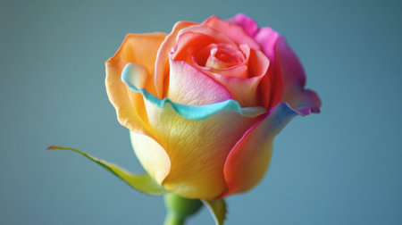 A close-up of a rosebud beginning to bloom, revealing multicolored petals and the anticipation of its full beauty.の素材