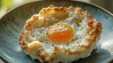 A close-up of a fluffy cloud egg, baked to perfection with a golden yolk in the center, served on a bright ceramic plate.の素材