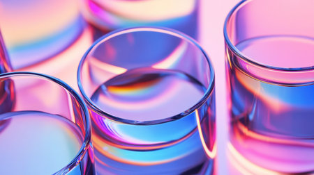A close-up of gradient-colored drinking glasses with reflective metallic rims, offering a futuristic aesthetic.の素材