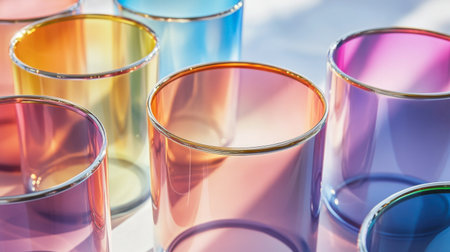 A close-up of gradient-colored drinking glasses with reflective metallic rims, offering a futuristic aesthetic.の素材