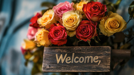 A colorful arrangement of multicolored roses with a rustic wooden sign that says "Welcome," perfect for a cozy home.の素材