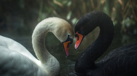 A close-up of a white swan and black swan gracefully feeding together in a serene natural environment.の素材