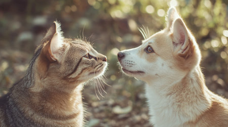 A close-up shot of a cat and dog looking at each other with playful expressions, capturing their fun-loving nature.の素材