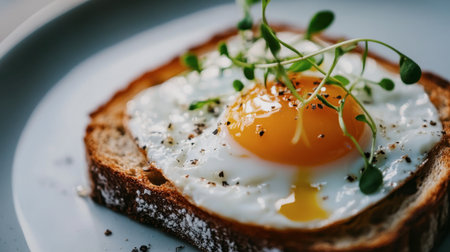A close-up shot of a perfectly cooked egg on toast, with runny yolk oozing out and garnished with microgreens, highlighting a simple yet delicious breakfast.の素材