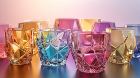 A collection of faceted drinking glasses that resemble gemstones, catching the light beautifully and adding a luxurious feel.の素材