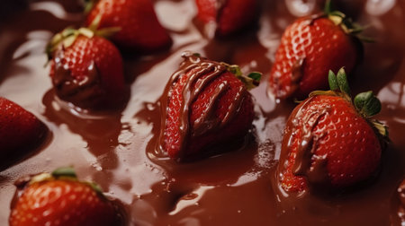 A close-up of strawberries being dipped in melted chocolate, showcasing the delicious process and inviting viewers to indulge.の素材