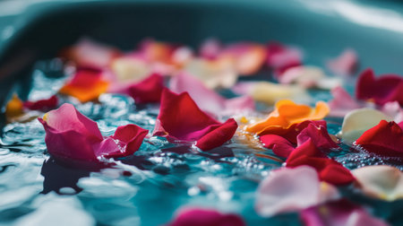 A close-up of multicolored rose petals sprinkled in a bath, creating a luxurious and relaxing spa experience.の素材