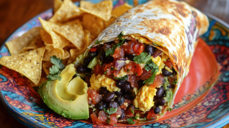 A colorful breakfast burrito filled with scrambled eggs, black beans, avocado, and salsa, served on a bright plate with a side of tortilla chips.の素材