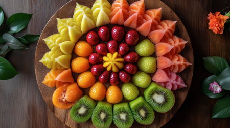 A top view of Khanom Look Chup desserts arranged in a circular pattern, resembling a vibrant fruit garden on a wooden platter.の素材