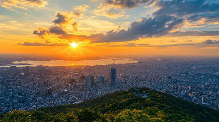 The breathtaking coastal views from the top of Mount Rokko in Kobe, with the city and sea stretching out below.の素材