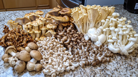An assortment of gourmet mushrooms, including shiitake, maitake, and enoki, artfully arranged on a kitchen counter for cooking.の素材