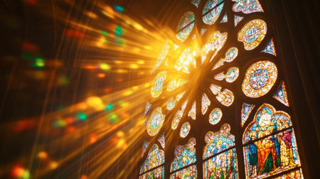 The beautiful stained glass of the Rosary Window in Notre-Dame Cathedral, with sunlight streaming through.の素材
