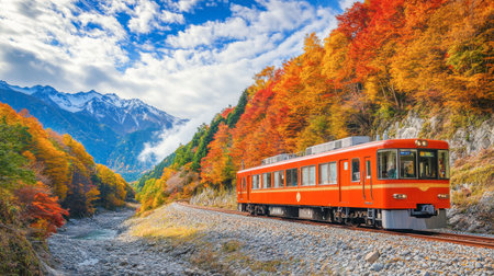 A vibrant autumn scene of the Kurobe Gorge in Toyama, with a scenic train ride passing through the fiery-colored trees.の素材