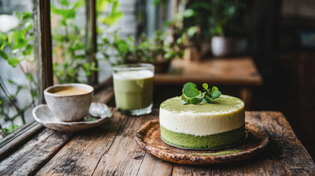 An elegant matcha mousse cake served on a rustic wooden table with a matcha latte in the background.の素材