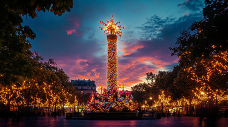 The enchanting lights of the Place de la Bastille, with its tall July Column standing against the evening sky.の素材
