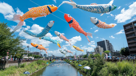 The colorful koinobori (carp streamers) flying high above the Arakawa River in Saitama during Childrens Day celebrations.の素材