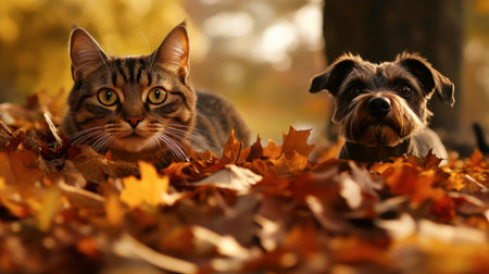A cat watching curiously as a dog plays in a pile of autumn leaves, capturing the joy of the changing seasons.の素材