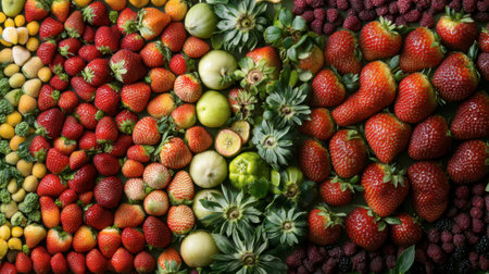 A colorful display of various strawberry varieties, including organic and heirloom strawberries, showcasing their unique shapes and colors.の素材