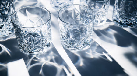 A close-up of faceted drinking glasses that cast beautiful, intricate shadows, showcasing modern glassware design.の素材