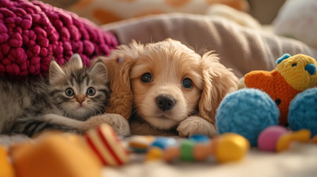 A cute puppy with floppy ears playing with a fluffy kitten, both surrounded by colorful toys in a playful scene.の素材