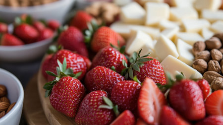 A creative image of a charcuterie board featuring cheese, nuts, and fresh strawberries, inviting guests to enjoy a delightful spread.の素材