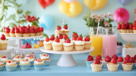 A colorful strawberry-themed dessert table featuring cupcakes, tarts, and drinks, creating a festive atmosphere for a birthday party.の素材