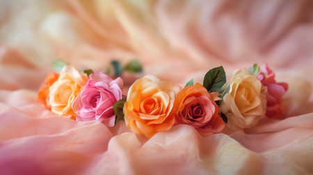 A colorful floral crown made of multicolored roses, resting on a soft fabric background, perfect for a bohemian-inspired look.の素材