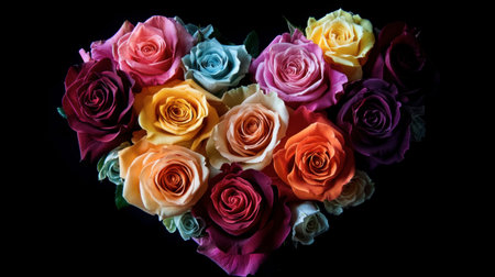 A creative shot of multicolored roses arranged in a way that forms a heart shape, perfect for expressing love and admiration.の素材