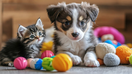A cute puppy with floppy ears playing with a fluffy kitten, both surrounded by colorful toys in a playful scene.の素材