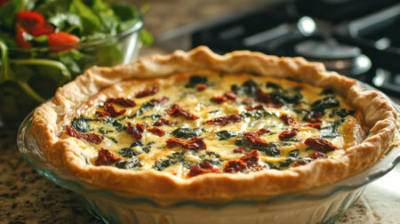 A delectable quiche filled with cheese, spinach, and sun-dried tomatoes, served with a side salad in a bright and inviting kitchen.の素材