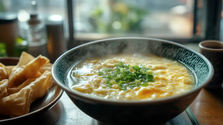 A cozy caf scene featuring a steaming bowl of egg drop soup, garnished with green onions, served with a side of crispy wontons.の素材