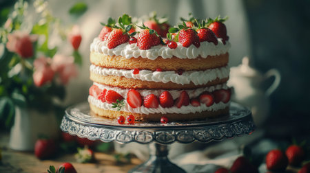 A delicious strawberry cake with layers of sponge and cream, elegantly decorated and displayed on a decorative cake stand.の素材