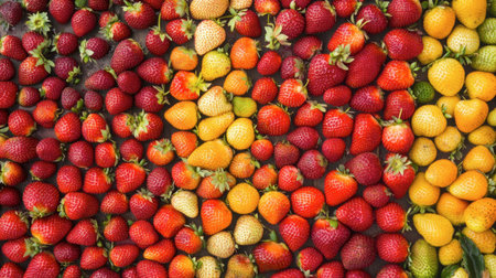 A colorful display of various strawberry varieties, including organic and heirloom strawberries, showcasing their unique shapes and colors.の素材