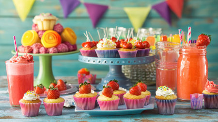 A colorful strawberry-themed dessert table featuring cupcakes, tarts, and drinks, creating a festive atmosphere for a birthday party.の素材