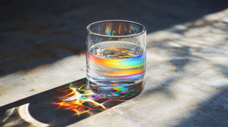 A crystal-clear drinking glass with prism-like surfaces, dispersing light into a rainbow of colors as it holds water.の素材