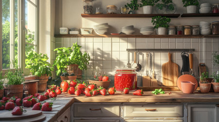 A cozy kitchen with a chef preparing strawberry jam, showcasing the ingredients and tools needed for this homemade treat.の素材