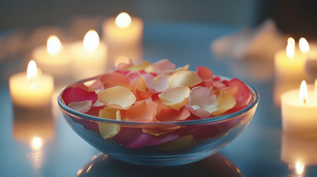 A delicate image of multicolored rose petals in a glass bowl, surrounded by candles, creating a serene and calming atmosphere.の素材