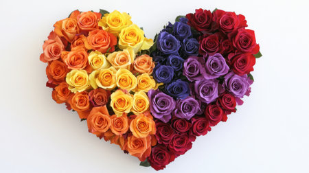 A creative shot of multicolored roses arranged in a way that forms a heart shape, perfect for expressing love and admiration.の素材