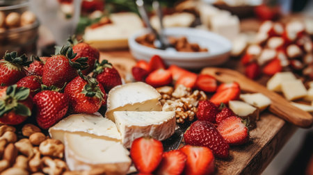 A creative image of a charcuterie board featuring cheese, nuts, and fresh strawberries, inviting guests to enjoy a delightful spread.の素材