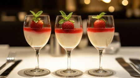 A creative dessert of strawberry panna cotta topped with fresh strawberries and mint leaves, served in elegant glassware.の素材