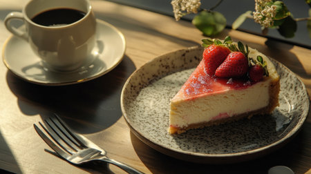 A cozy caf scene with a slice of strawberry cheesecake served on a vintage plate, accompanied by a cup of coffee and a fork.の素材