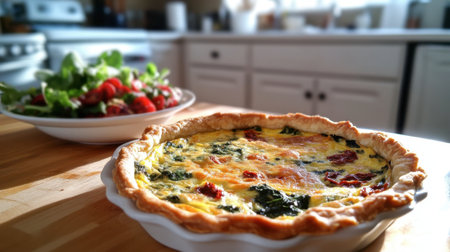 A delectable quiche filled with cheese, spinach, and sun-dried tomatoes, served with a side salad in a bright and inviting kitchen.の素材